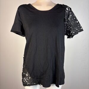Cyrus Black Short Sleeve Top with Lace Detail Asymmetrical Crochet XL